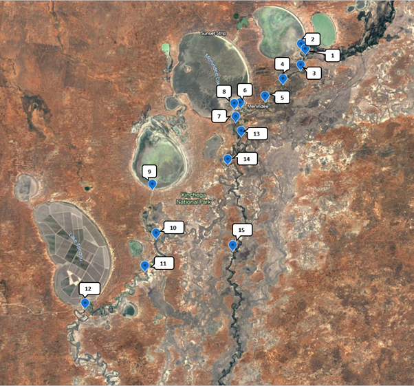 Map showing sample locations where samples were taken near Menindee between 12 and 13 May 2023