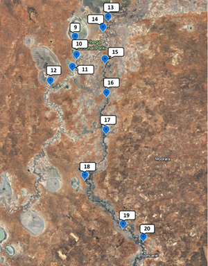 Map showing sample locations for the Great Darling Anabranch and lower Darling-Barka river between Weir 32 and Pooncarie regions. Note, not all locations were sampled this round.  