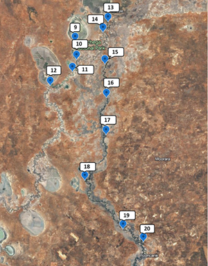 Map showing Sample locations for the Great Darling Anabranch and lower Darling-Barka river between Weir 32 and Pooncarie regions