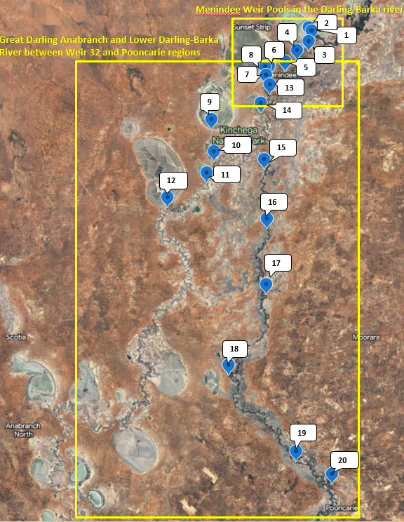 Map showing sample locations around Menindee where samples were taken between 3 to 5 May 2023.