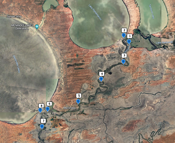 Map showing sample locations for the Menindee weir pools region along the Darling-Barka River where samples were taken between 3 to 5 May 2023.