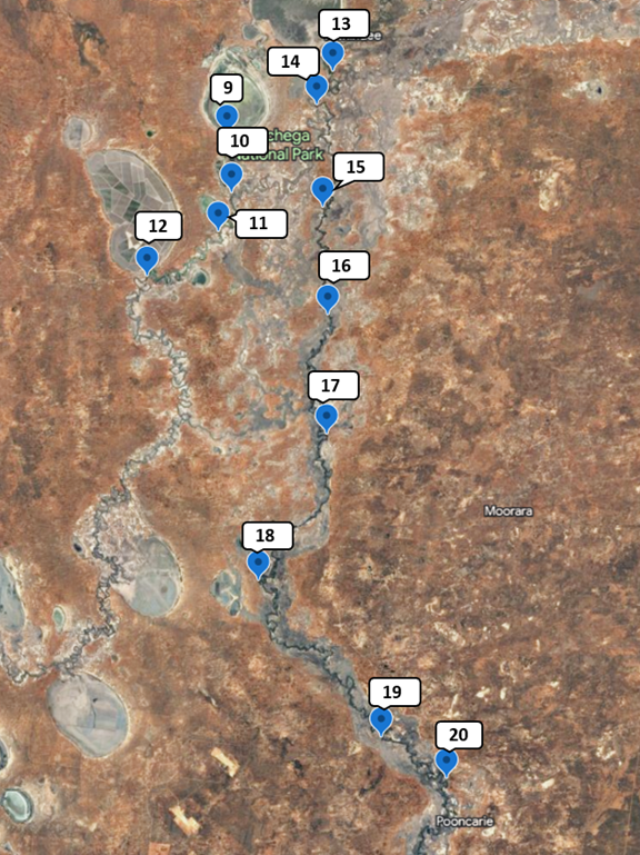 Map showing sample locations for the Great Darling Anabranch and lower Darling-Barka river between Weir 32 and Pooncarie regions where samples were taken between 3 to 5 May 2023.