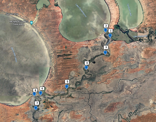 Map - Figure 2: Sample locations for the Menindee Weir Pools region along the Darling-Barka River.