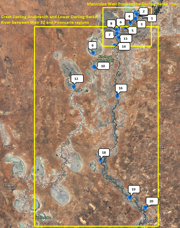map of Menindee sampling sites 26 to 29 April