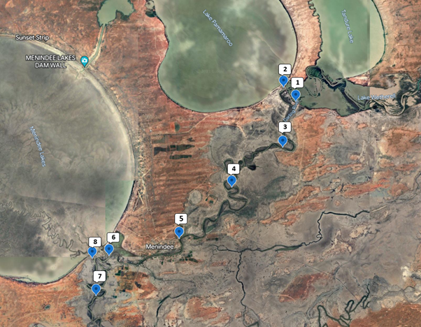 Map showing sample locations for the Menindee Weir Pools region along the Darling-Barka River 26 to 29 April