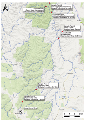 Map of the seven sample points on the Turon River near Lithgow