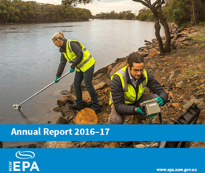 Annual report cover showing EPA officers conducting water sampling