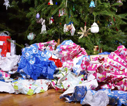 plastic and other decorations under a Christmas tree