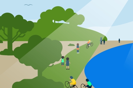 colour illustration of trees, water, park area with people walking and on bikes