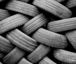 Stacked waste tyres.