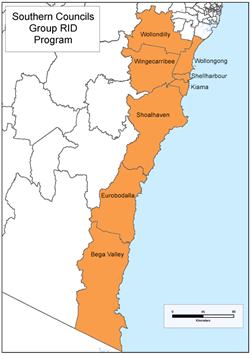 map showing the local government areas covered by the Southern Councils group RID program