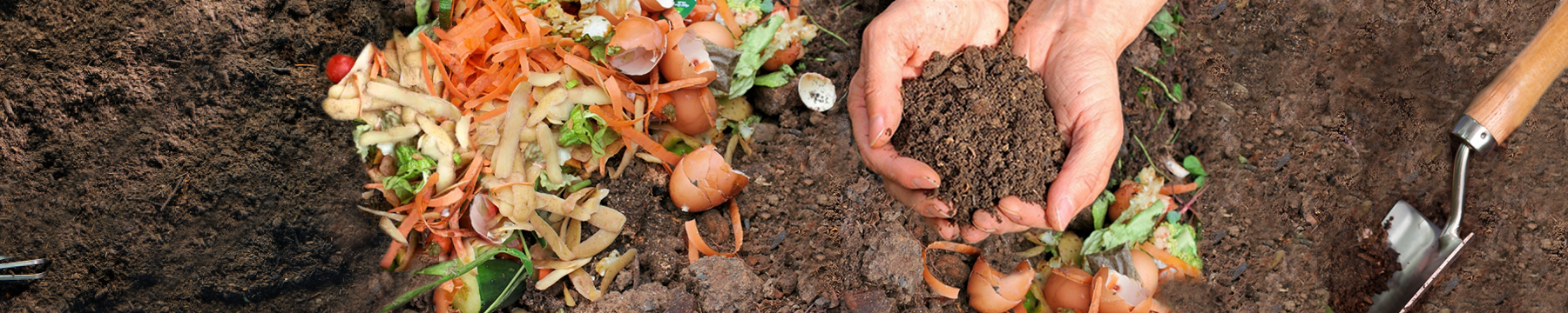 garden bed with vegetable peelings and hands holding soil