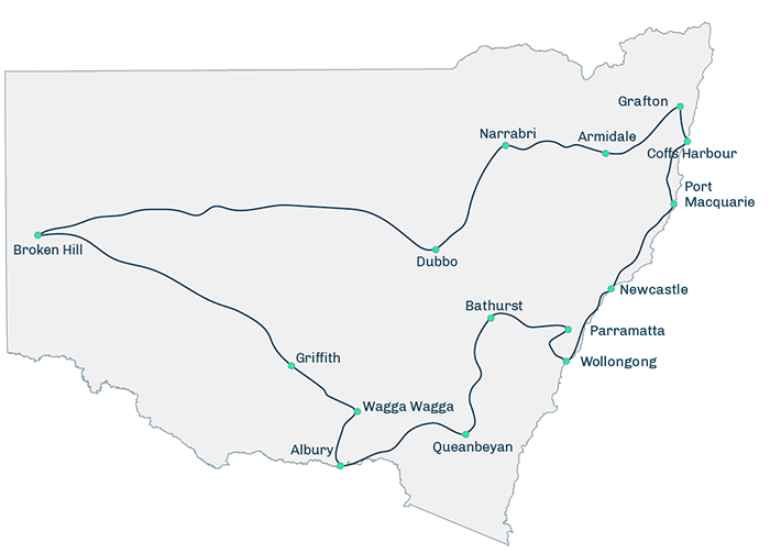 NSW map showing a walking route around EPA offices