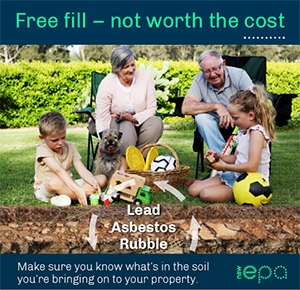 social media image showing grandparents on the lawn with children with a cut away showing the soil below with the potential for lead and asbestos contamination. Message is Free fill - not worth the cost