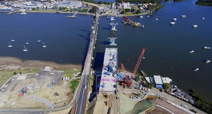 aerial view of the Batemans Bay bridge with spans being installed