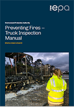 cover of the preventing fires - truck inspection manual showing an officer in hiviz inspecting a burnt out truck