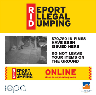 flyer: Report illegal dumping. $70,750 in fines have been issued here. Do not leave your items on the ground