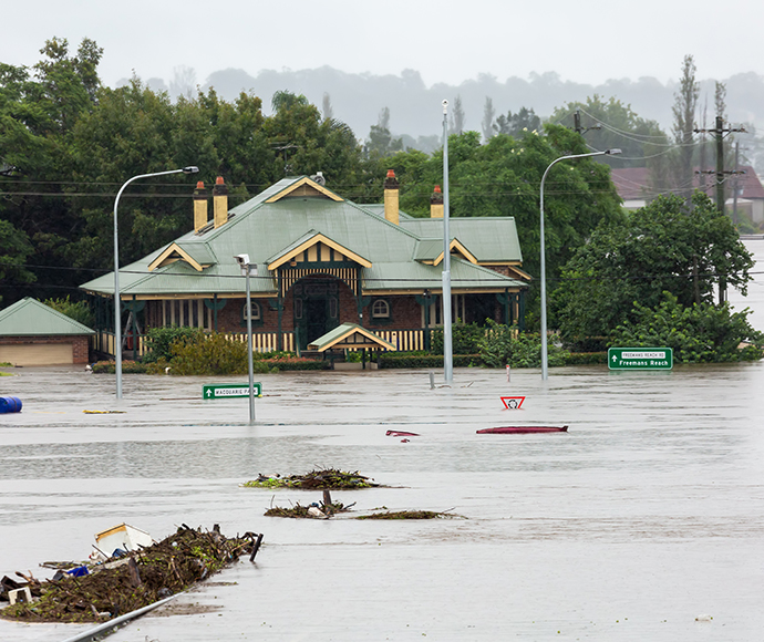 Windsor, Australia - March 22, 2021; The new bridge over the Hawkesbury river at Windsor completely submerged after days of heavy rain caused severe and major flooding in the areas.