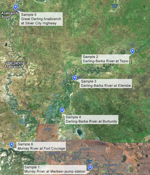 Map showing the six sampling sites downstream of Menindee on  11 April 2023