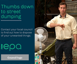 facebook ad -a man gesturing thumbs down beside an old chair and fan. Text reads thumbs down to street dumping