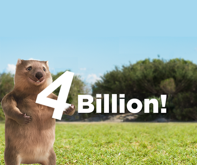 graphic of the character ernie the wombat holding a 4 billion symbol