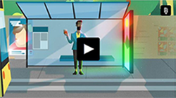 still from the animated marine litter video - a man holding a disposable coffee cup in a bus shelter