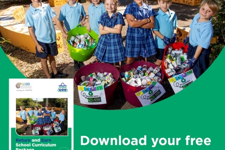 four primary school children with container deposit scheme bottles ready for collection and ready for learning about sustainability