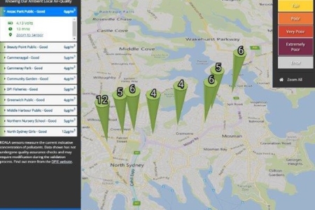 Screen map showing air monitor points around new freeway in Sydney’s north