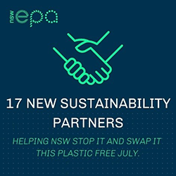 graphic depicting EPA handshake with community on plastics ban and Plastic-free July 