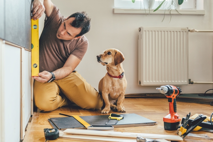 Man safely doing renovations to interior of home while dog watches on