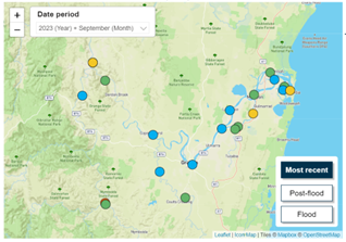 Water quality monitoring dashboard showing site markers and filters