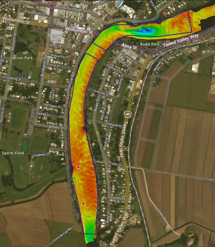 Multibeam scan showing riverbed contours and identified features in Tweed River