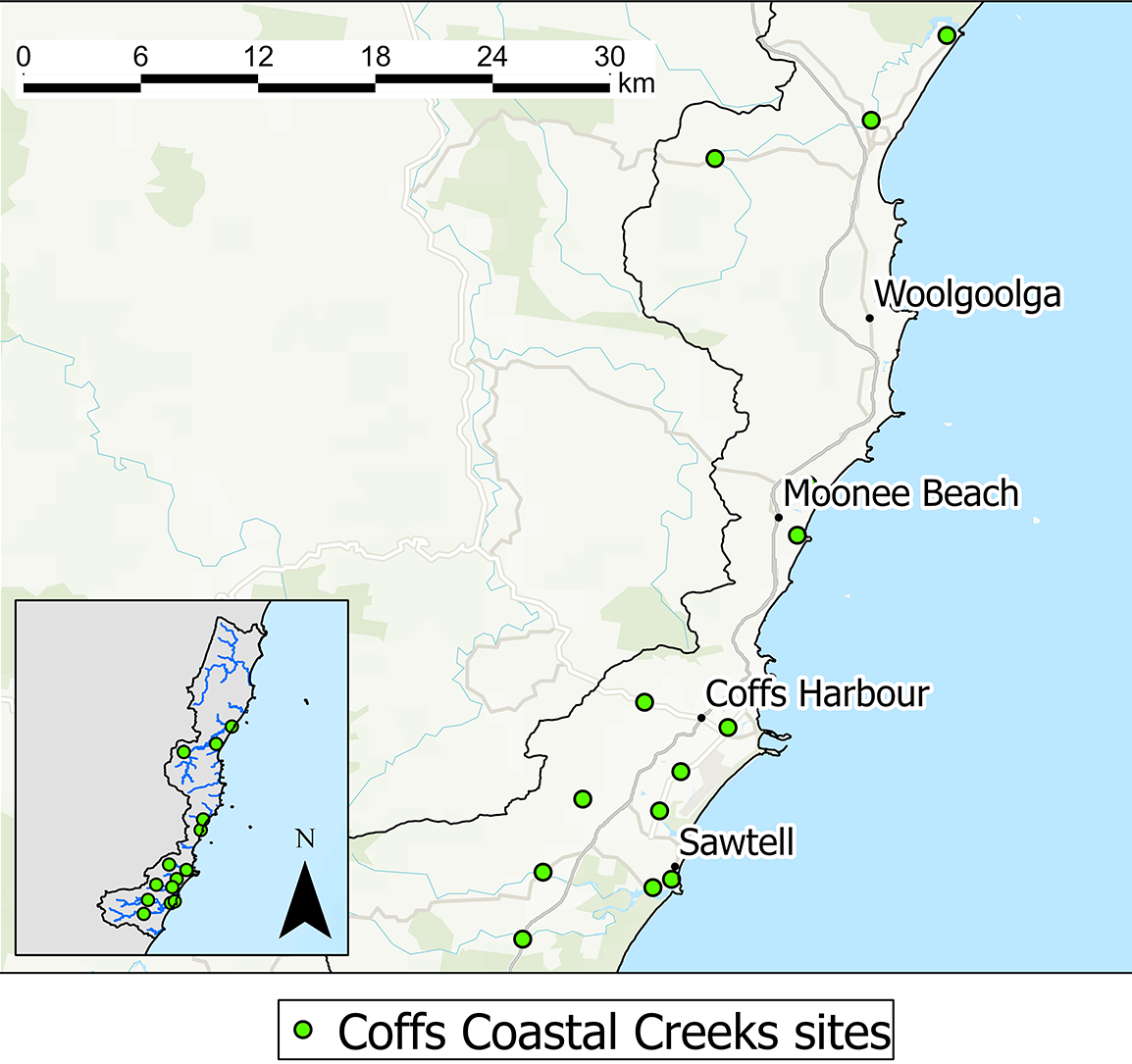 Map: Coffs Coastal Creeks water quality monitoring sites