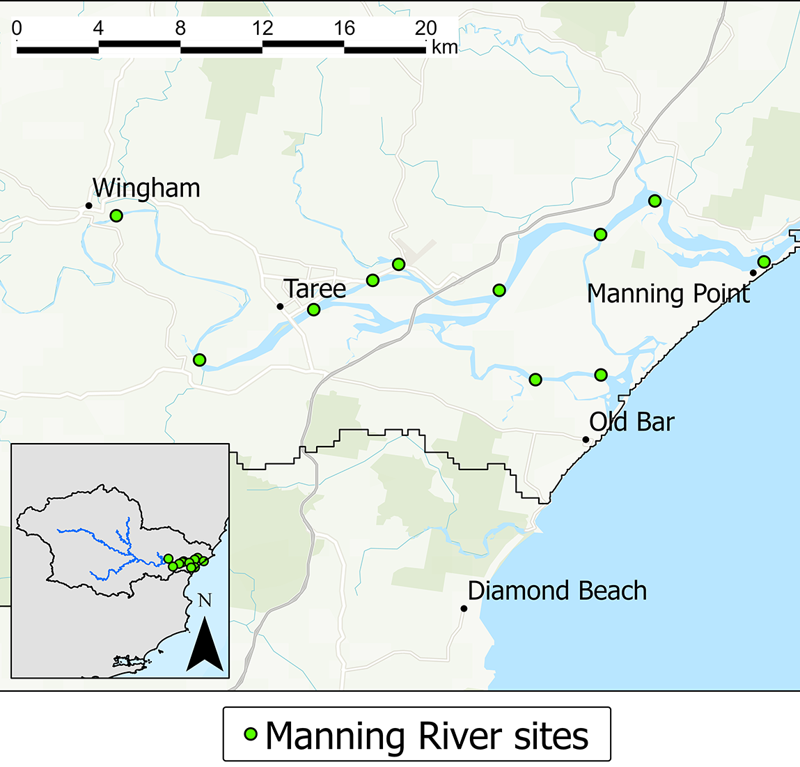 Map: Manning River water quality monitoring sites