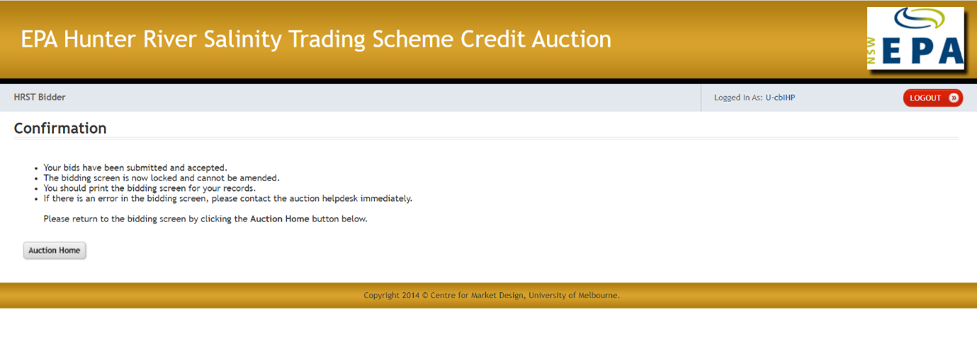 Hunter River Salinity Trading Scheme credit auction confirmation screen