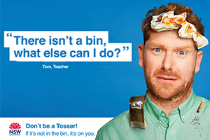 Don't be a tosser campaign image, showing man with rubbish on him