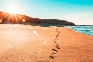 footprints along a beach towards a headland with the sun rising behind it
