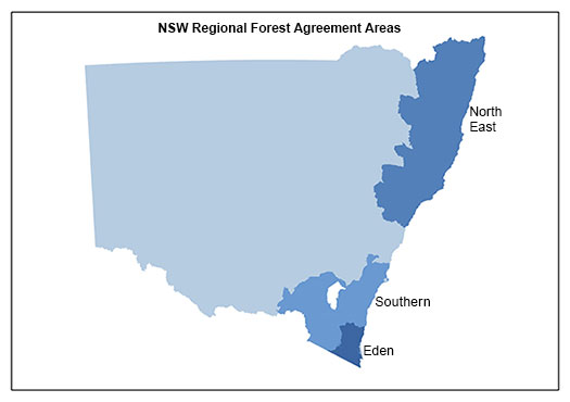 Map of NSW showing regional forest agreement areas