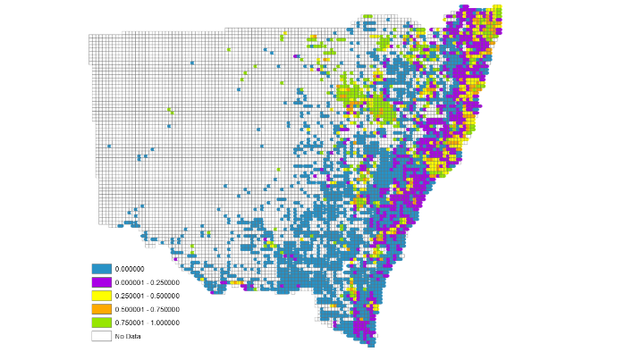 Map showing the likelihood of koalas