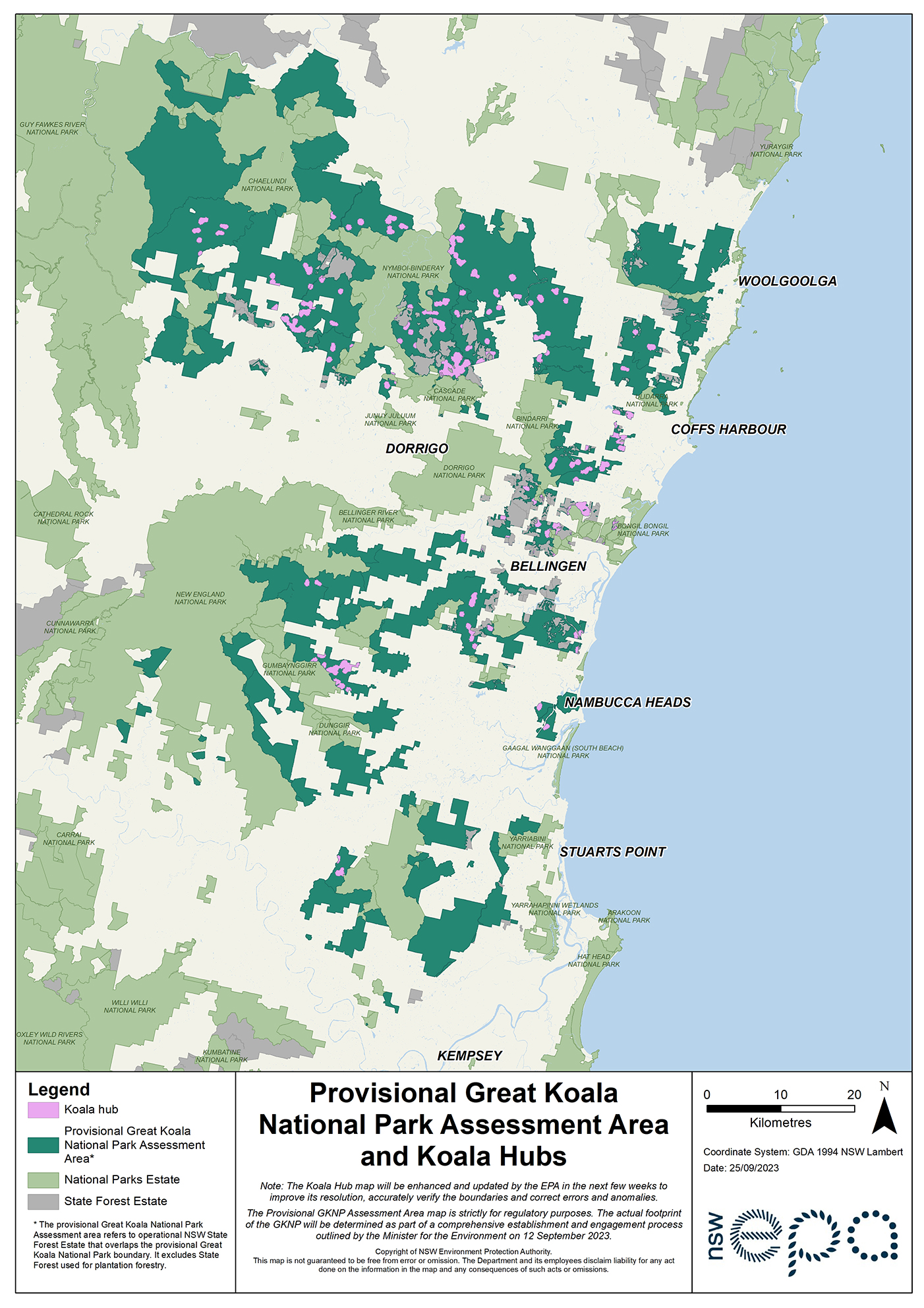 Map showing Provisional Great Koala National Park Assessment Area and Koala Hubs