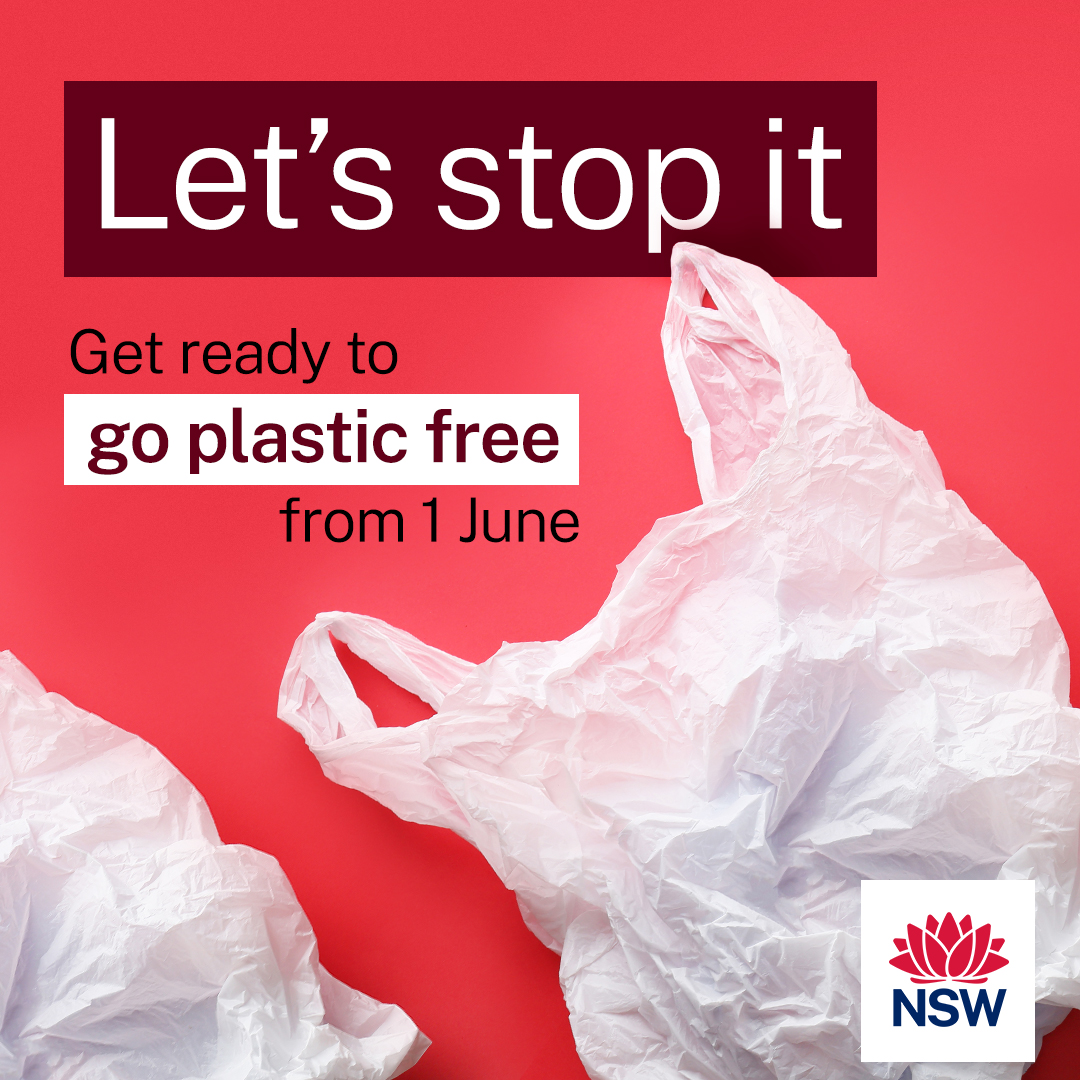Plastic bag with the words "Let's stop it. Get ready to go plastic free from 1 June".