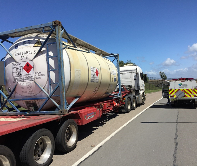a tanker carrying dangerous goods pulled up at the side of the road for inspection