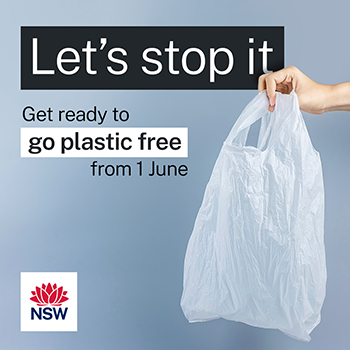 hand holding a lightweight plastic bag. Text is Let's stop it. Get ready to go plastic free from 1 June