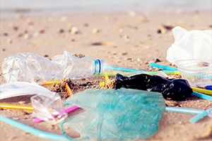 Littered plastic items on a beach