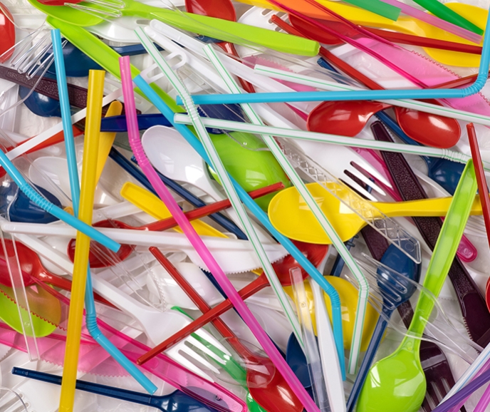 Some single-use plastic objects including cutlery and straws