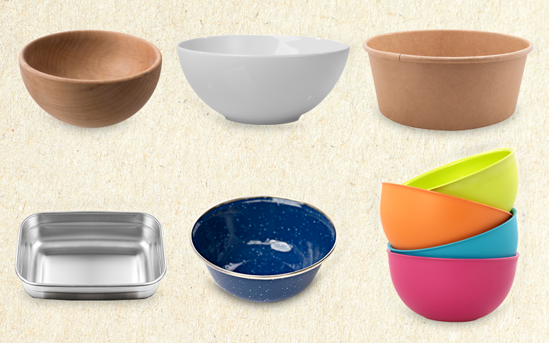 Wooden, ceramic, cardboard, metal, enamel and reusable plastic bowls are swaps for single-use plastic bowls and expanded polystyrene bowls