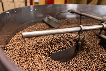 coffee beans being roasted and stirred in stainless steel tub