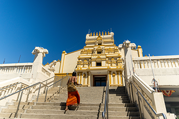 colourfully dressed man on the steps of the temple