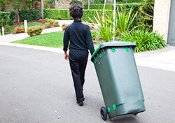rear view of a person wheeling a bin outside a home
