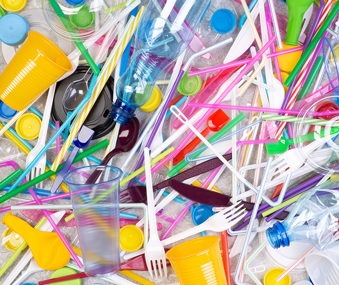 Disposable single use plastic objects such as straws, cutlery, bottles, cups